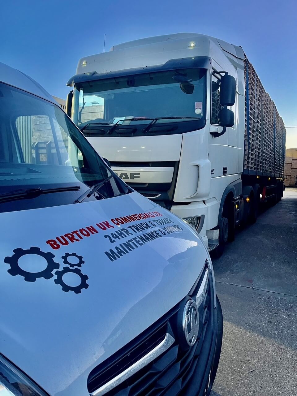 burton commercials HGV repair van on site with a whit lorry in the background